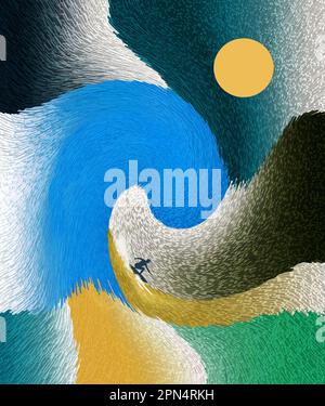 Un surfista è visto cavalcare un'onda torreggiante dell'oceano sotto le nubi ruggenti e i mari turbolenti in un disegno molto grafico circa lo sport di surf. Questo è un 3 Foto Stock