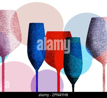 In questa illustrazione vettoriale di sfondo si vedono bicchieri da vino con una tessitura simile a quella di un tessuto. Illustrazione Vettoriale