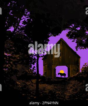 Un fienile nel bosco con un cavallo è visto al tramonto in un'immagine vettoriale. Illustrazione Vettoriale