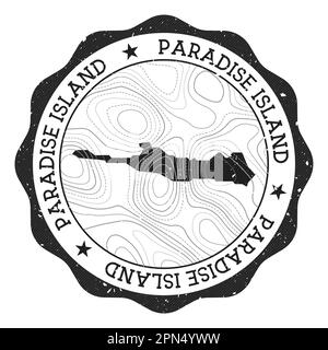 Francobollo all'aperto Paradise Island. Adesivo rotondo con mappa con isolini topografici. Illustrazione vettoriale. Può essere utilizzato come insegna, logotipo, etichetta, stickke Illustrazione Vettoriale