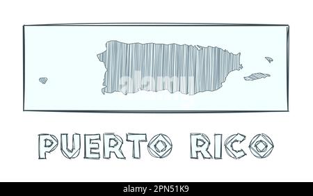 Mappa di Puerto Rico. Mappa del paese disegnata a mano in scala di grigi. Regioni riempite con strisce di hachure. Illustrazione vettoriale. Illustrazione Vettoriale