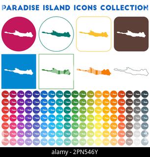 Collezione di icone Paradise Island. Icone luminose e colorate alla moda. Distintivo Modern Paradise Island. Illustrazione vettoriale. Illustrazione Vettoriale