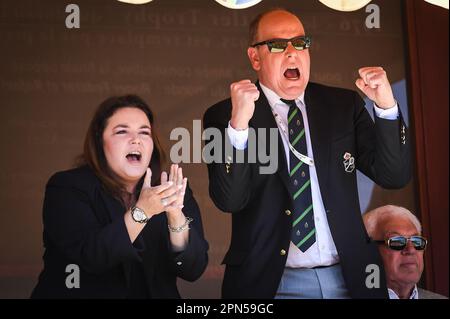 Roquebrune-Cap-Martin, Francia, Francia. 16th Apr, 2023. Melanie-Antoinette DE MASSY Presidente della Federazione Monegasque Tennis (FMT) e Principe Alberto II di Monaco celebrano durante il giorno otto del Rolex Monte-Carlo Masters 2023, torneo ATP Masters 1000 al Monte-Carlo Country Club il 16 aprile 2023 a Roquebrune-Cap-Martin, Francia. (Credit Image: © Matthieu Mirville/ZUMA Press Wire) SOLO PER USO EDITORIALE! Non per USO commerciale! Foto Stock