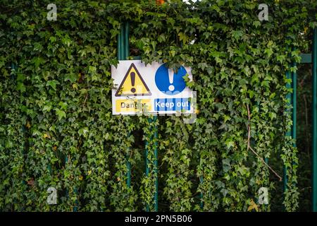 La segnaletica è oscurata dal verde e dal fogliame Foto Stock