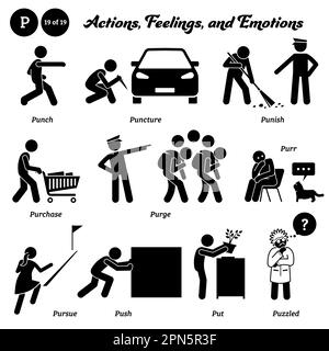 Bastone figura persone umane uomo azione, sentimenti, ed emozioni icone alfabeto P. Punch, puntura, punire, acquisto, purge, purr, perseguire, spingere, mettere, e. Illustrazione Vettoriale