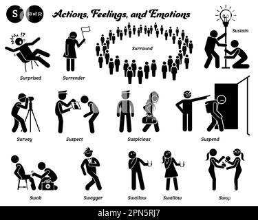 Stick figure persone umane uomo azione, sentimenti, ed emozioni icone alfabeto S. sorpreso, arrendersi, surround, sostenere, indagine, sospetto, sospetto, s Illustrazione Vettoriale