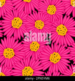 Disegno a mano senza cuciture con fiori piccanti rosa daisy su sfondo nero. Stampa vintage retrò colorata e brillante, arte floreale 60s 70s, fiore di piante naturali Foto Stock