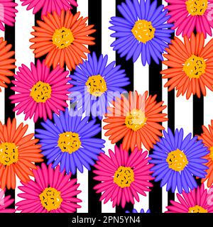 Motivo senza cuciture disegnato a mano con fiori rosa arancio su sfondo a strisce nere. Stampa vintage retrò colorata e brillante, arte floreale 60s 70s, fiore di piante naturali Foto Stock