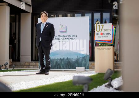 Karuizawa, Giappone. 17th Apr, 2023. Yoshimasa Hayashi, ministro degli Esteri del Giappone, ha accolto con favore la riunione dei G7 ministri degli Esteri a Karuizawa, 17 aprile 2023. Credit: dpa/Alamy Live News Foto Stock