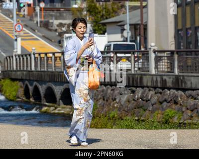 Fujinomiya-città, Giappone - 22 marzo 2023: Persone che godono di Sakura fiorisce nel santuario Fujisan Hongu Sengen Taisha. Foto Stock