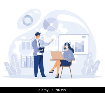 Specifiche di sviluppo del progetto concetto, analisi aziendale, descrizione dei requisiti software, documento di visione e ambito, analisi SWOT, flat vector Illustrazione Vettoriale