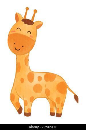 Giraffa . Disegno di vernice di acquerello . Carino animal personaggio cartone animato . Posizione a piedi . Vettore . Illustrazione Vettoriale