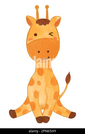 Giraffa . Disegno di vernice di acquerello . Carino animal personaggio cartone animato . Posizione seduta . Vettore . Illustrazione Vettoriale