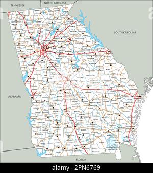 Mappa stradale della Georgia dettagliata e dettagliata con etichettatura. Illustrazione Vettoriale