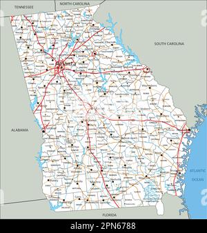 Mappa stradale della Georgia dettagliata e dettagliata con etichettatura. Illustrazione Vettoriale