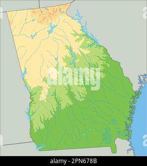 Mappa fisica della Georgia dettagliata. Illustrazione Vettoriale