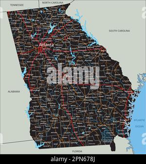 Mappa stradale della Georgia dettagliata e dettagliata con etichettatura. Illustrazione Vettoriale