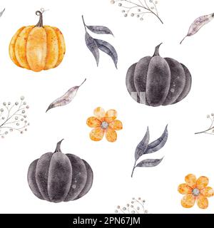 Acquerello senza cuciture con fiori astratti, zucche e foglie. Illustrazione autunnale disegnata a mano Foto Stock