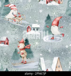 Acquerello Nordic Scandinavian gnomo senza cuciture. Stampa di Natale su sfondo menta. Foto Stock