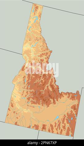 Mappa fisica dell'Idaho estremamente dettagliata. Illustrazione Vettoriale