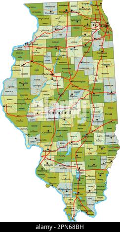 Mappa politica modificabile estremamente dettagliata con livelli separati. Illinois. Illustrazione Vettoriale