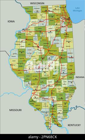 Mappa politica modificabile estremamente dettagliata con livelli separati. Illinois. Illustrazione Vettoriale