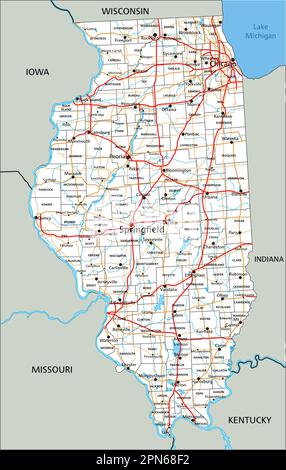 Mappa stradale dettagliata dell'Illinois con etichettatura. Illustrazione Vettoriale