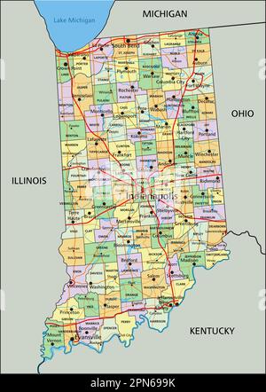 Indiana - Mappa politica modificabile molto dettagliata con etichettatura. Illustrazione Vettoriale