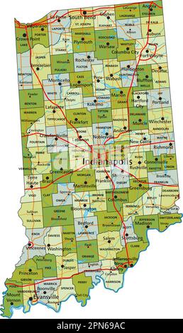 Mappa politica modificabile estremamente dettagliata con livelli separati. Indiana. Illustrazione Vettoriale