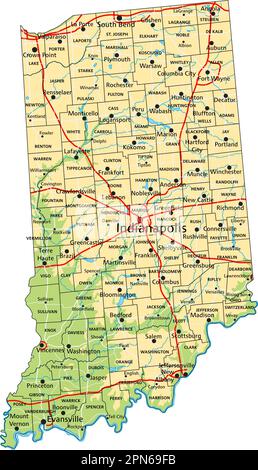 Mappa fisica dell'Indiana dettagliata con etichettatura. Illustrazione Vettoriale