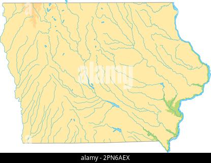 Mappa fisica dell'Iowa dettagliata. Illustrazione Vettoriale