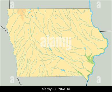 Mappa fisica dell'Iowa dettagliata. Illustrazione Vettoriale