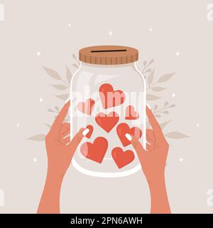 Vasetto di vetro per donazioni. Le mani femminili tengono il flacone con i cuori rossi. Regala e condividi il tuo amore. Sostegno e speranza per i senzatetto e i poveri. Vettore Illustrazione Vettoriale