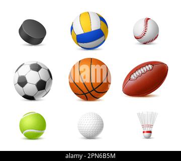 Palline sportive realistiche. 3D palline in pelle, puck da hockey, shuttlecock per badminton, calcio, rugby e basket, tennis e golf, pallavolo Illustrazione Vettoriale