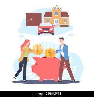 Concetto di risparmio, uomo e donna mettere soldi in banca piggy e sogno di casa e auto. strategia di investimento della famiglia, monete d'oro che mettono sul deposito Illustrazione Vettoriale