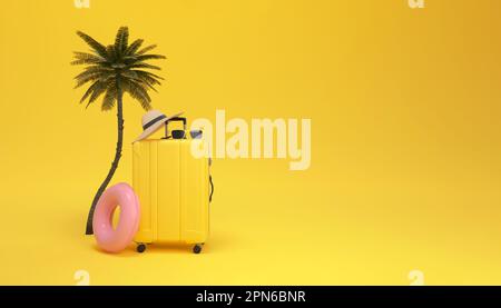 Valigia con occhiali da sole e cappello all'interno di una palma su sfondo giallo. concetto di paradiso dei viaggi minimale. rendering 3d. Foto Stock