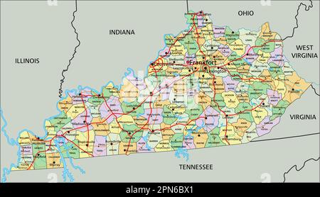 Kentucky - Mappa politica modificabile molto dettagliata. Illustrazione Vettoriale