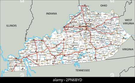 Mappa stradale dettagliata del Kentucky con etichette. Illustrazione Vettoriale