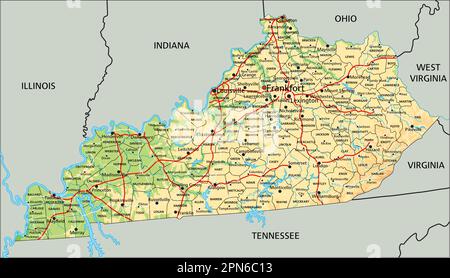 Mappa fisica del Kentucky dettagliata con etichettatura. Illustrazione Vettoriale