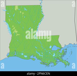 Mappa fisica della Louisiana dettagliata. Illustrazione Vettoriale