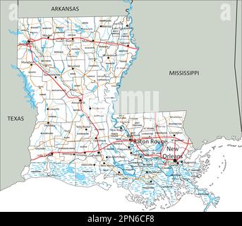 Mappa stradale della Louisiana dettagliata con etichettatura. Illustrazione Vettoriale