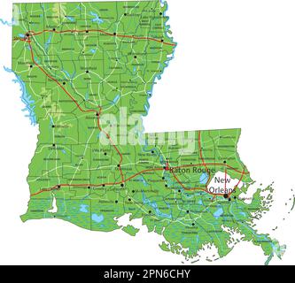 Mappa fisica della Louisiana dettagliata con etichettatura. Illustrazione Vettoriale