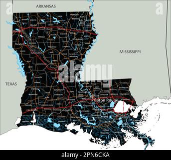 Mappa stradale della Louisiana dettagliata con etichettatura. Illustrazione Vettoriale