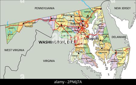 Maryland - mappa politica modificabile molto dettagliata con etichettatura. Illustrazione Vettoriale