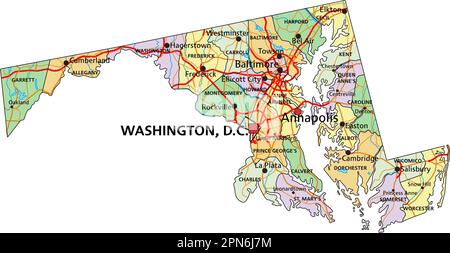 Maryland - mappa politica modificabile molto dettagliata con etichettatura. Illustrazione Vettoriale