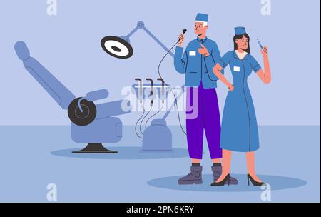 Squadra dentista. Medici in ospedale con i denti malati radiografia. Personaggi del personale medico. Stomatologia professionale. Specialisti clinici che controllano i pazienti Illustrazione Vettoriale