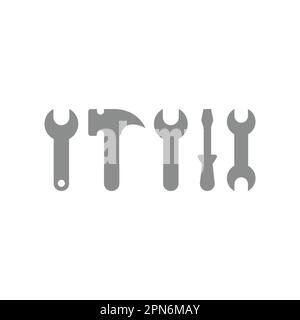 Set di icone vettoriali utensili martello, chiave e cacciavite. Le impostazioni, in attrezzi per chiave da costruzione riempiono le icone. Illustrazione Vettoriale