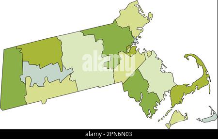 Mappa politica modificabile estremamente dettagliata con livelli separati. Massachusetts. Illustrazione Vettoriale