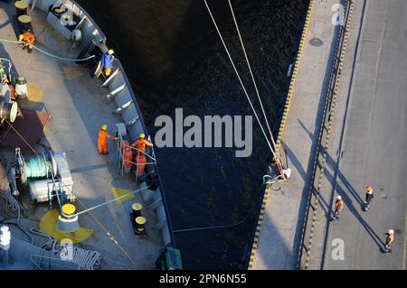 Ormeggio del containership MSC sull'ormeggio mentre si arriva al porto marittimo. Foto Stock