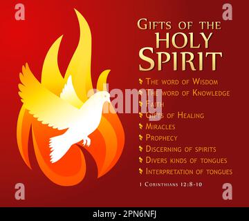 Doni dello Spirito Santo, banner delle festività della Domenica di Pentecoste. Spirito Santo colomba in fiamma e testo 1 Corinzi 12:8-10, disegno dell'invito per il culto Illustrazione Vettoriale